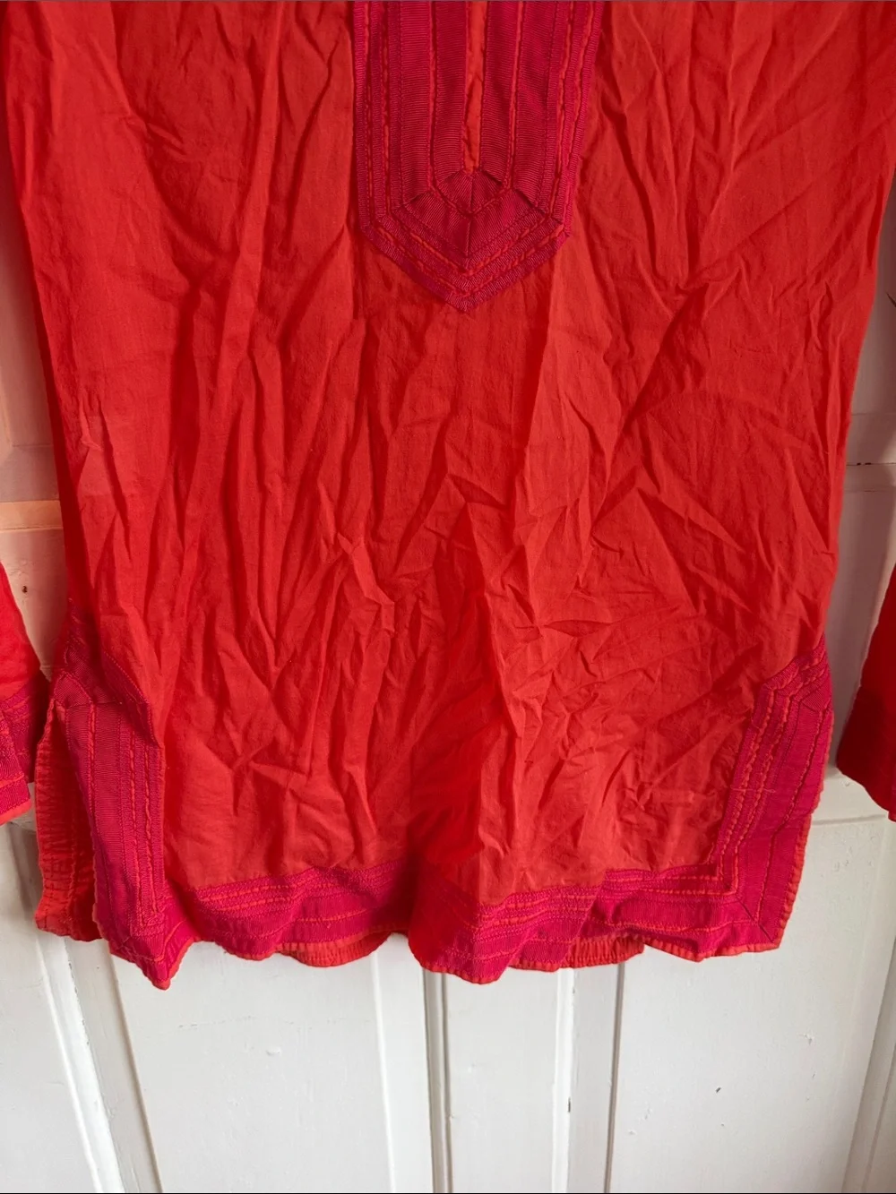 Tory Burch Coral Tunic with Pink Embroidered Trim